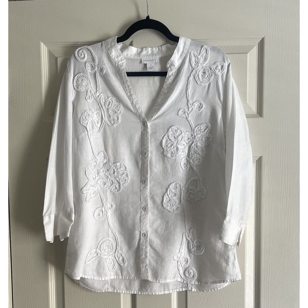 Women's White Linen Blouse Size 10 Embroidered Floral 3/4 Sleeve‎ V-Neck